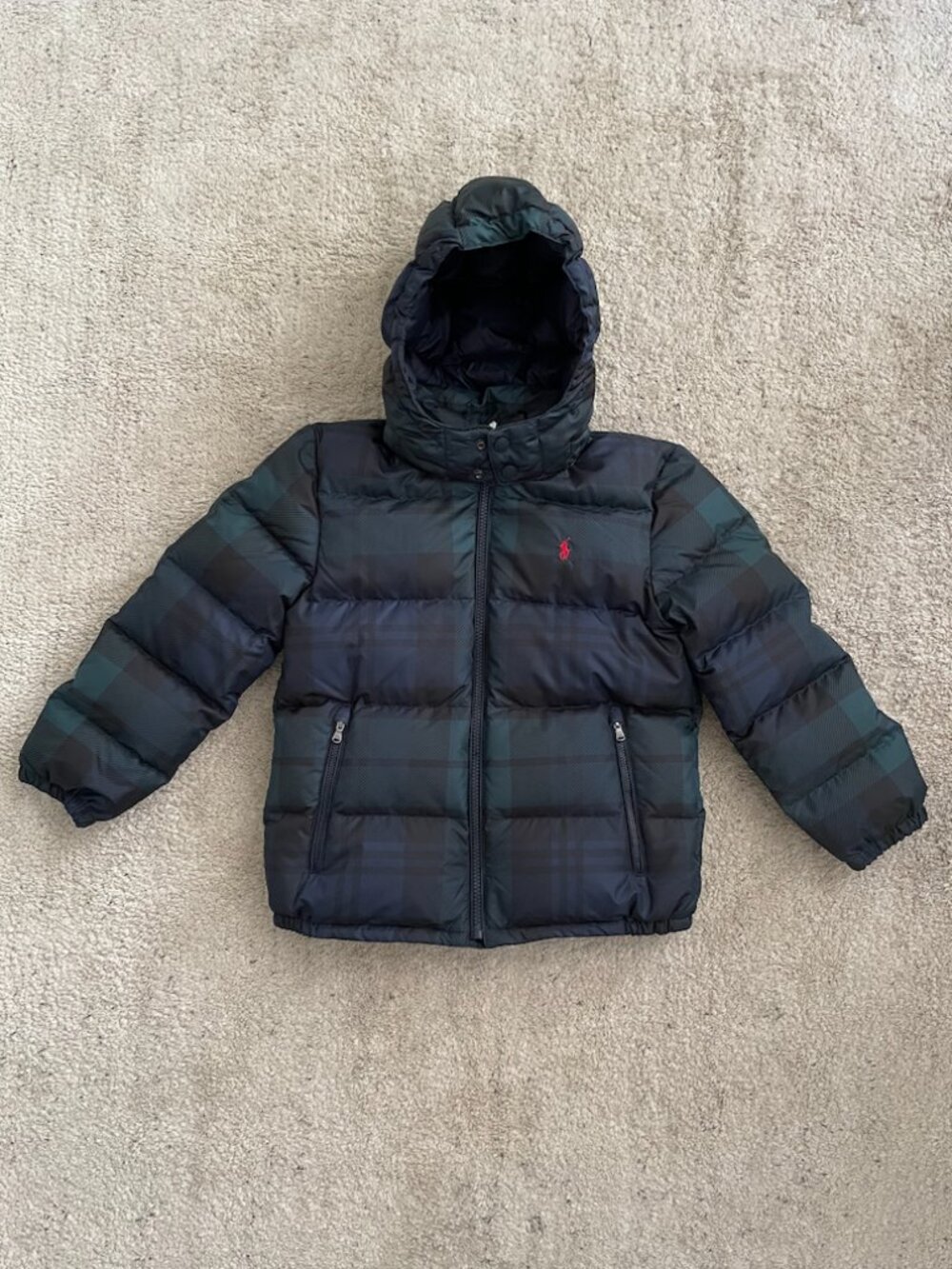 Polo Ralph Lauren Kids Black Watch Plaid Down Puffer Jacket Size 7 NWOT